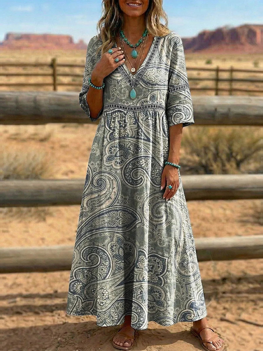 Retro Floral Art Print V-Neck Western Dress